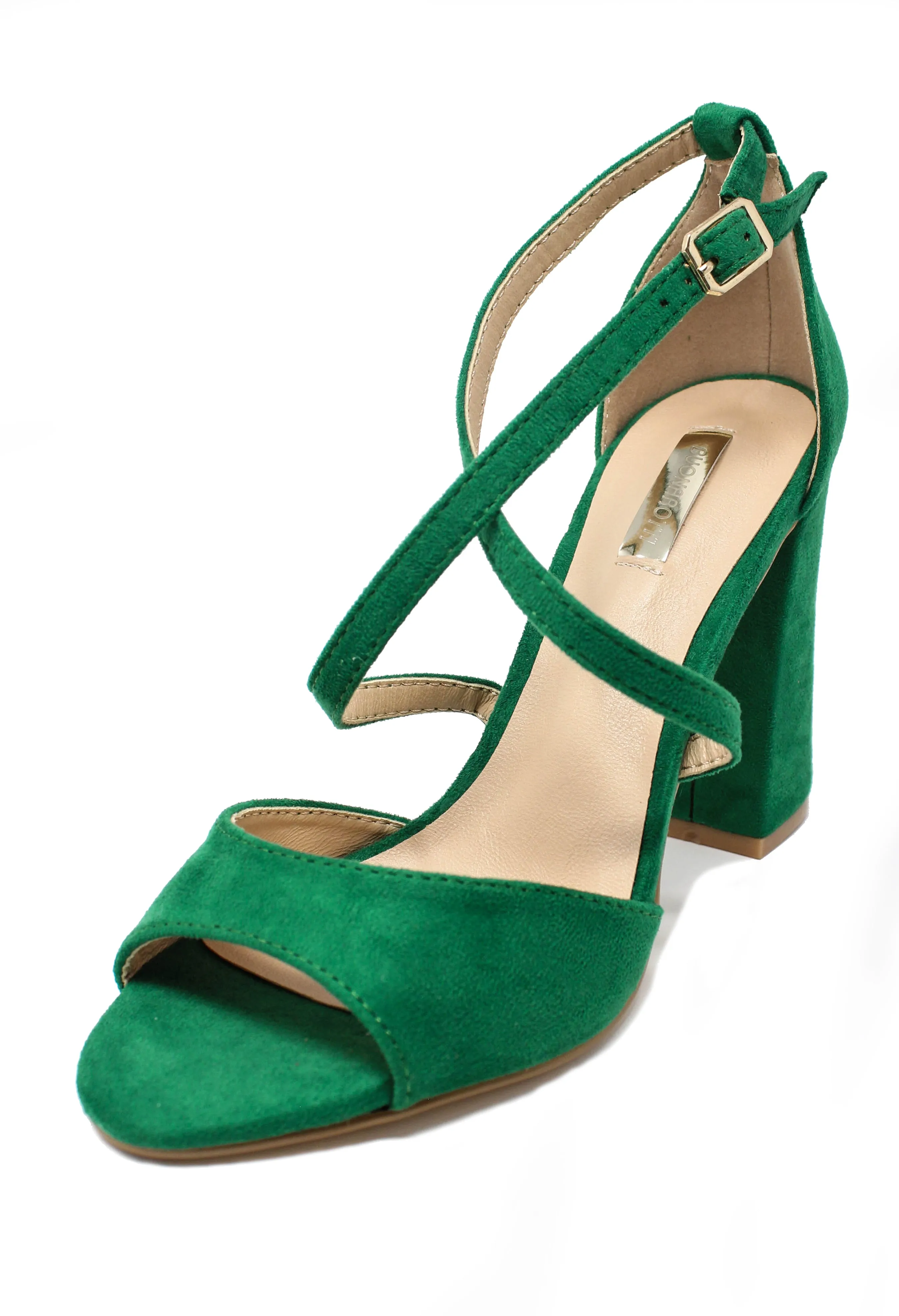 green suedette sandal with criss cross front