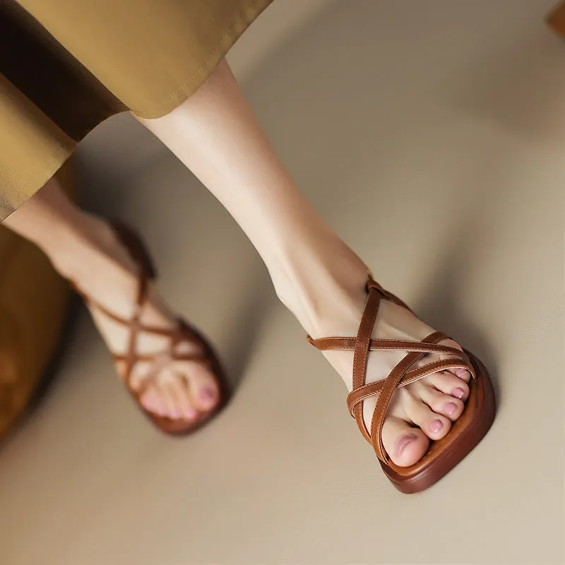 Handmade Leather Square Toe Cross Strap Sandals Retro Commuter Women Chunky Heels