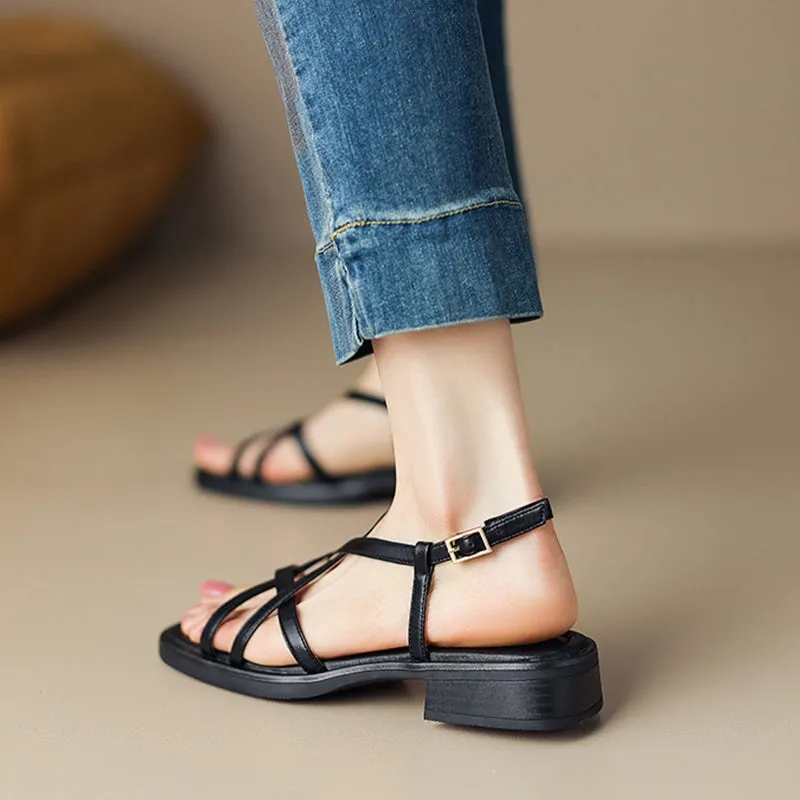 Handmade Leather Square Toe Cross Strap Sandals Retro Commuter Women Chunky Heels