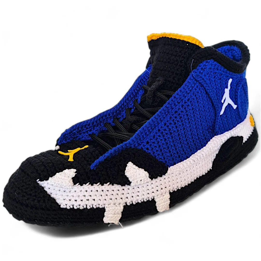 Jordan 14 Laney - Handmade Crochet Slippers - Cozy Blue and Black Knitted Sneakers