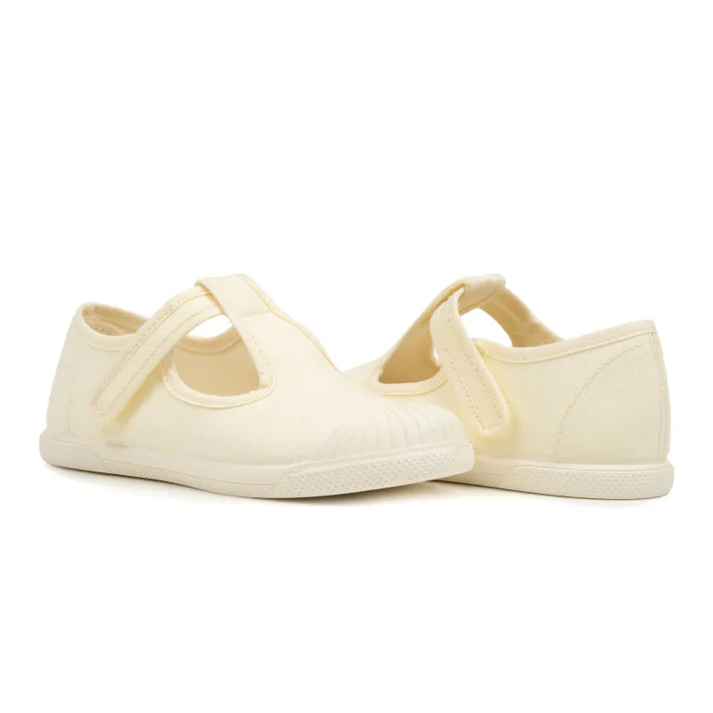 Kid’s Childrenchic® Canvas T-Band Captoe Shoes in Ivory by childrenchic