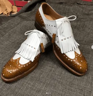 Men's Leather Fringe Brown White Wing Tip Brogue Shoes