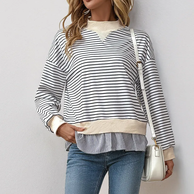 METAVERSMALL 2025 new casual long-sleeved t-shirt autumn round neck striped splicing fake two-piece top women