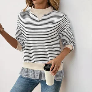 METAVERSMALL 2025 new casual long-sleeved t-shirt autumn round neck striped splicing fake two-piece top women