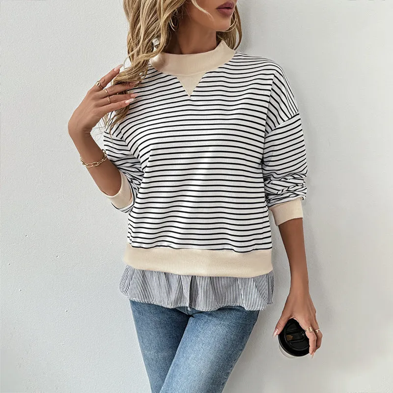 METAVERSMALL 2025 new casual long-sleeved t-shirt autumn round neck striped splicing fake two-piece top women