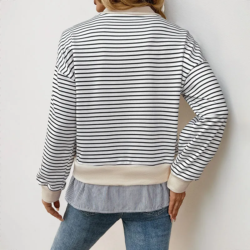 METAVERSMALL 2025 new casual long-sleeved t-shirt autumn round neck striped splicing fake two-piece top women