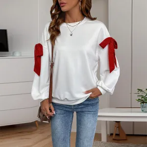 METAVERSMALL 2025  Valentine's Day loose sweater top crew neck long sleeve Christmas tie bow sweater women