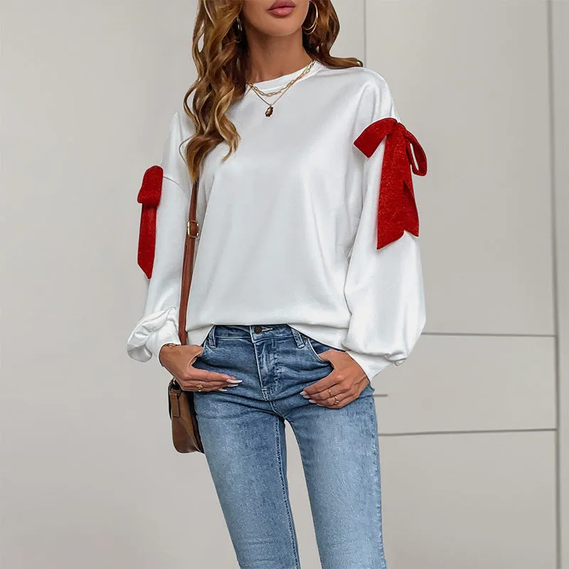 METAVERSMALL 2025  Valentine's Day loose sweater top crew neck long sleeve Christmas tie bow sweater women