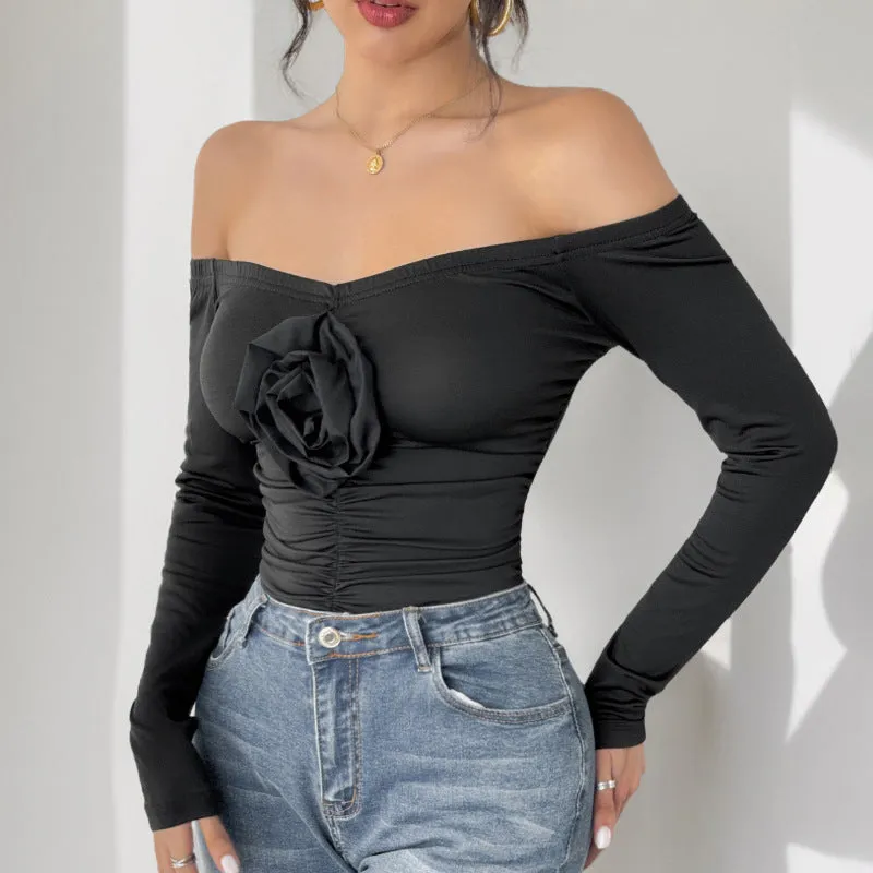 METAVERSMALL Europe, America, autumn and winter off-the-shoulder sexy jumpsuit three-dimensional flower one-word shoulder slim autumn jumpsuit