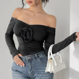 METAVERSMALL Europe, America, autumn and winter off-the-shoulder sexy jumpsuit three-dimensional flower one-word shoulder slim autumn jumpsuit