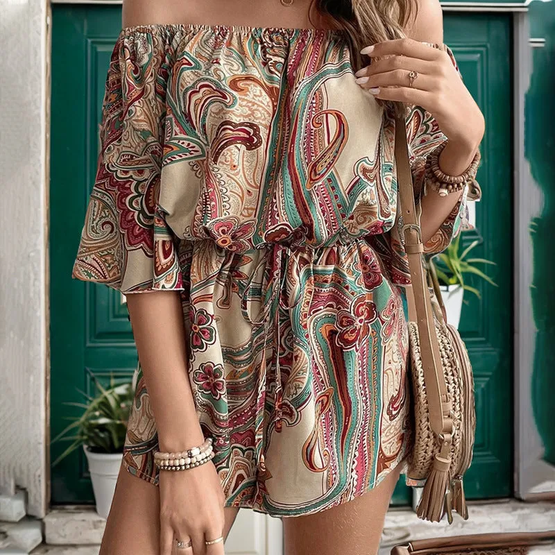 METAVERSMALL foreign trade ethnic style printing jumpsuit summer new  2025 one-word collar off-the-shoulder jumpsuit