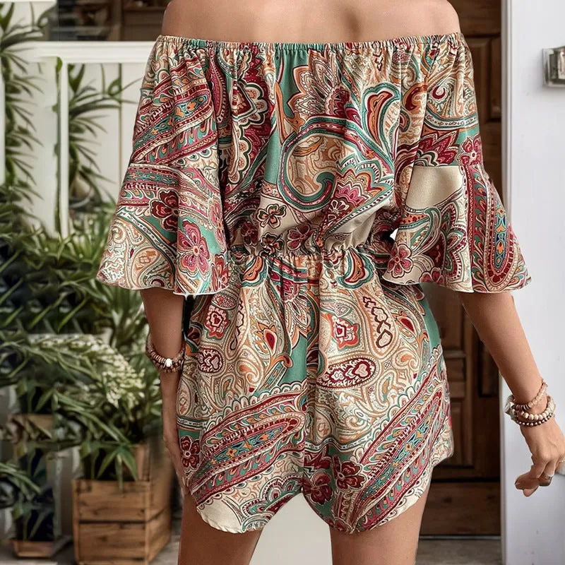 METAVERSMALL foreign trade ethnic style printing jumpsuit summer new  2025 one-word collar off-the-shoulder jumpsuit