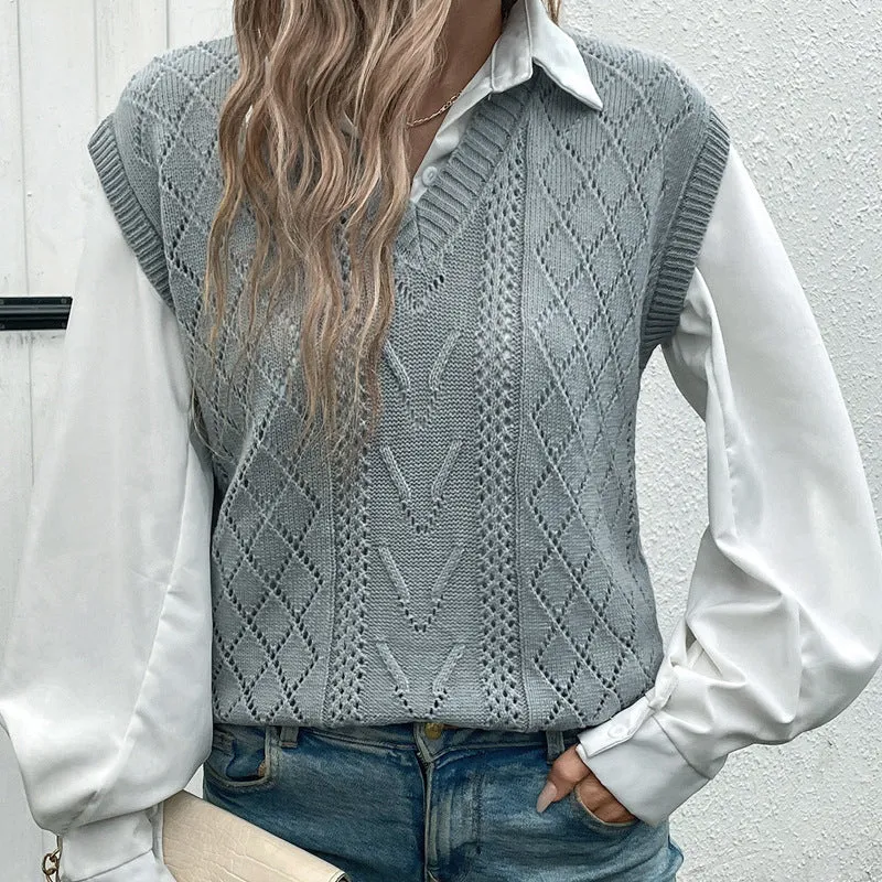 METAVERSMALL foreign trade gray top New new 2025 women's clothing  twisted v-neck pullover knitted vest