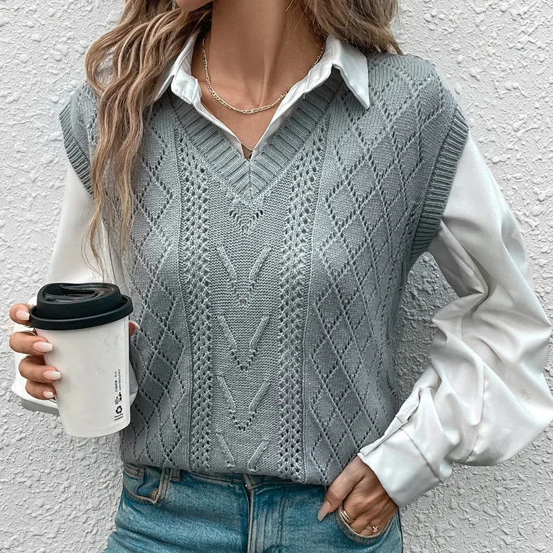 METAVERSMALL foreign trade gray top New new 2025 women's clothing  twisted v-neck pullover knitted vest