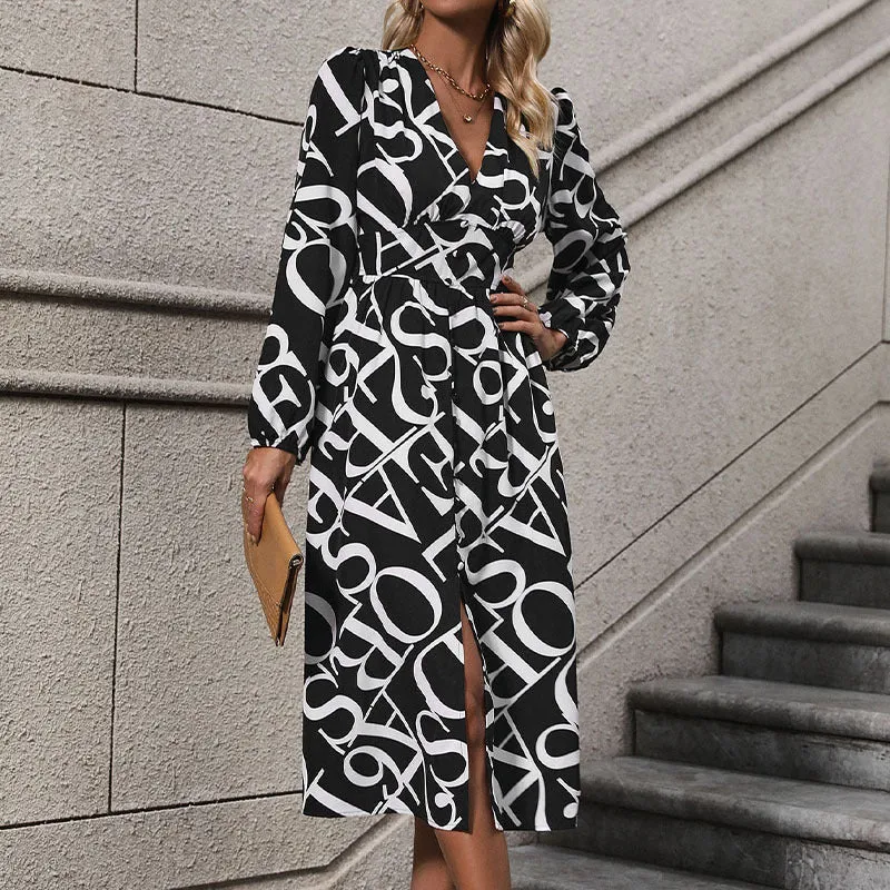 METAVERSMALL New Hot Trade Long Dress New Autumn and Winter 2025 Women's Clothing  Long Sleeve Geometric Printing Dress