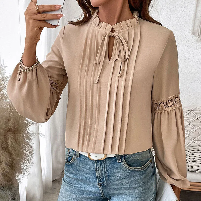 METAVERSMALL 's new v-neck temperament shirt top 2025  autumn solid color casual lace-up V-neck shirt women