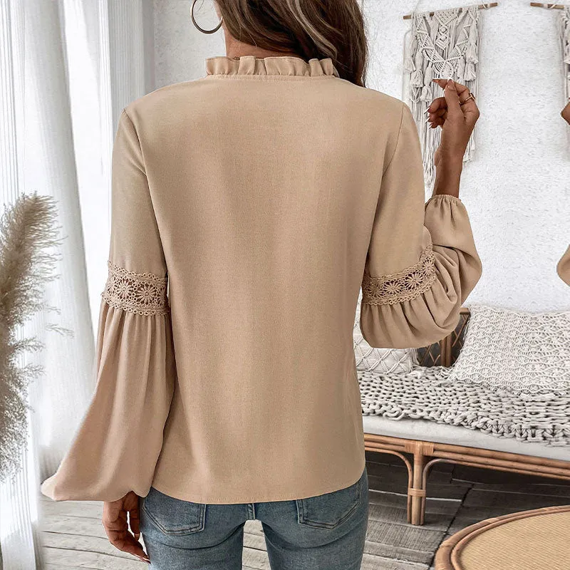 METAVERSMALL 's new v-neck temperament shirt top 2025  autumn solid color casual lace-up V-neck shirt women