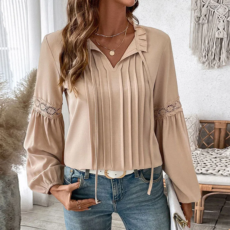 METAVERSMALL 's new v-neck temperament shirt top 2025  autumn solid color casual lace-up V-neck shirt women