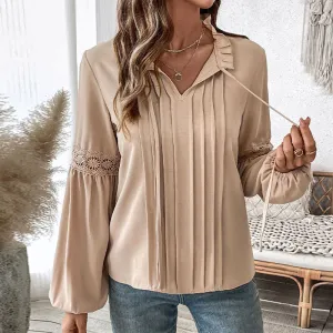 METAVERSMALL 's new v-neck temperament shirt top 2025  autumn solid color casual lace-up V-neck shirt women