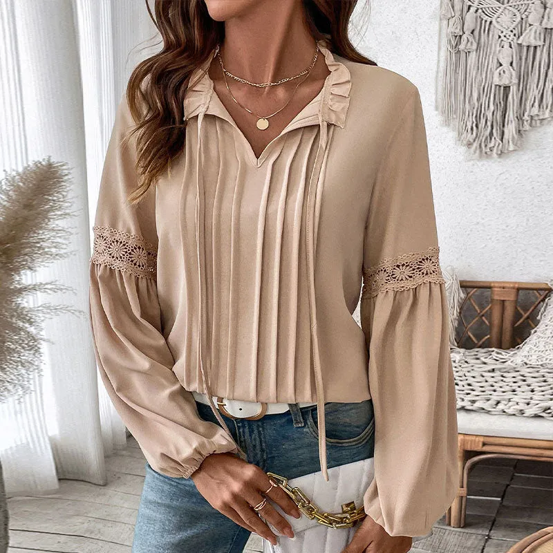 METAVERSMALL 's new v-neck temperament shirt top 2025  autumn solid color casual lace-up V-neck shirt women