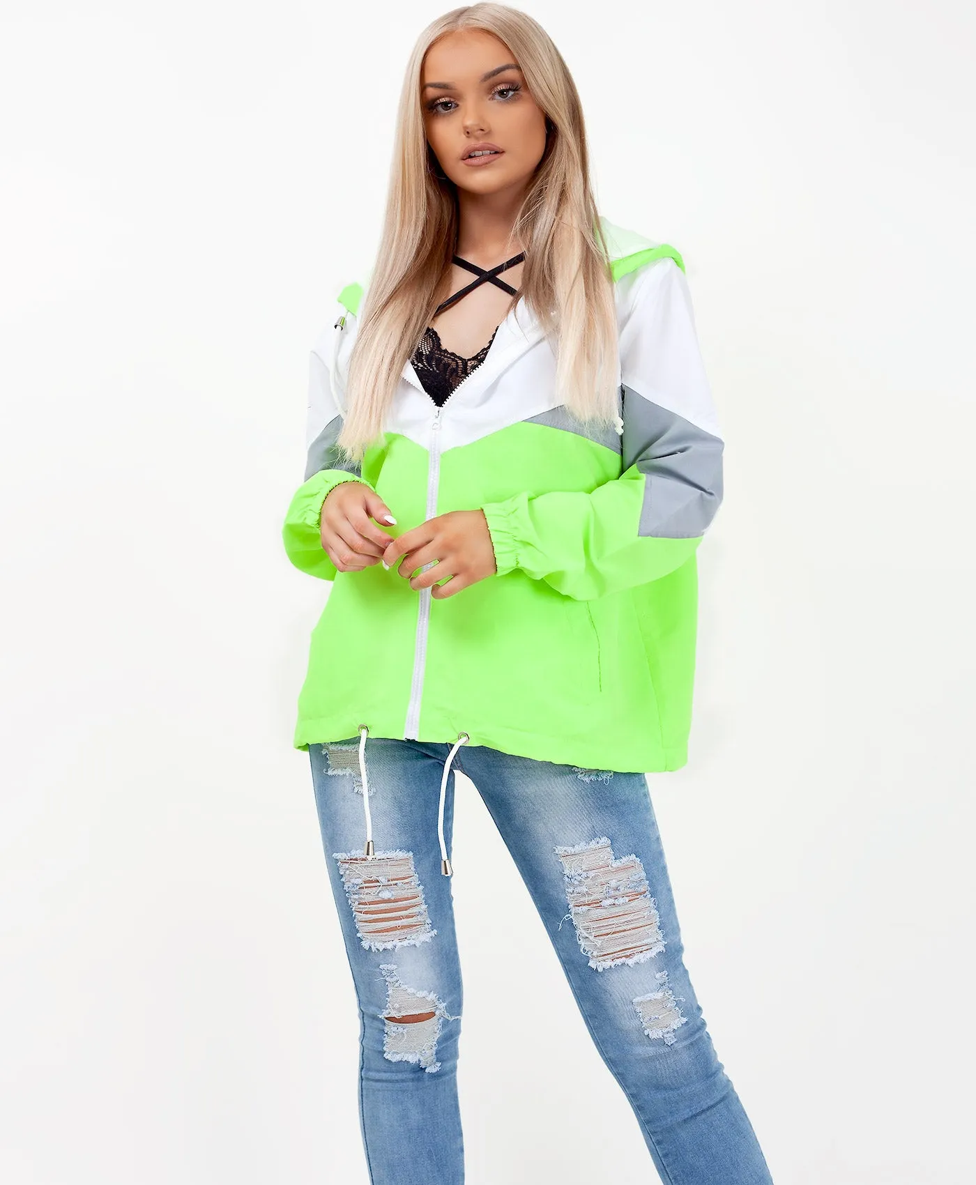 Neon Green Colour Block Windbreaker Festival Jacket