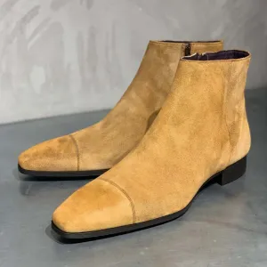 New Men's Handmade Beige Ankle High Suede Side Zipper Cap Toe Boot