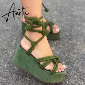 New Wedge Sandals For Women Fashion Cross Tied Ankle Lace-up Platform Shoes Gladiator Heels Ladies Beach Sandals Sandalias