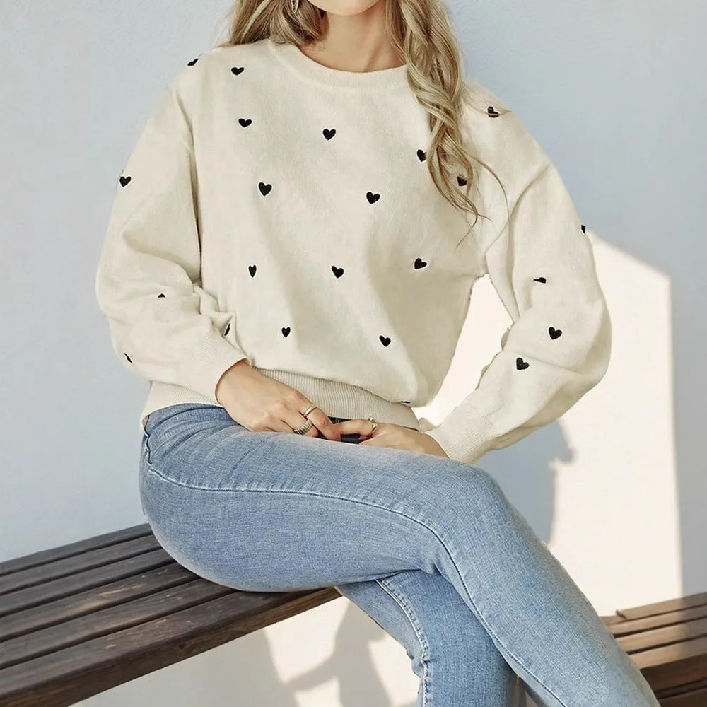 PEOPLETERRITORY hot sale Valentine's Day love crew neck sweater women's simple and versatile premium milk white pullover sweater