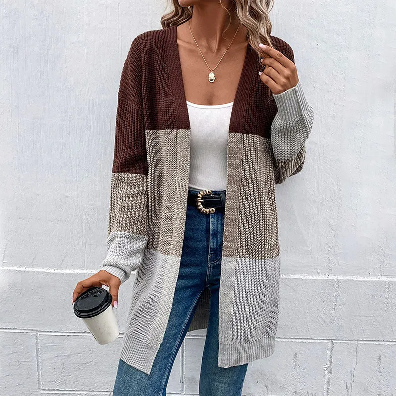 PEOPLETERRITORY  knitted jacket New autumn and winter new design contrast color medium and long sweater cardigan women