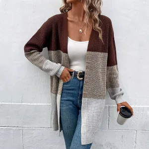 PEOPLETERRITORY  knitted jacket New autumn and winter new design contrast color medium and long sweater cardigan women