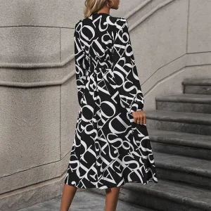 PEOPLETERRITORY New Hot Trade Long Dress New Autumn and Winter  Women's Clothing  Long Sleeve Geometric Printing Dress