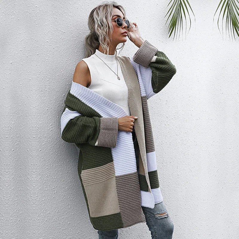 PEOPLETERRITORY New new autumn and winter fashion color matching knitted sweater medium and long  lazy style   trade cardigan jacket women