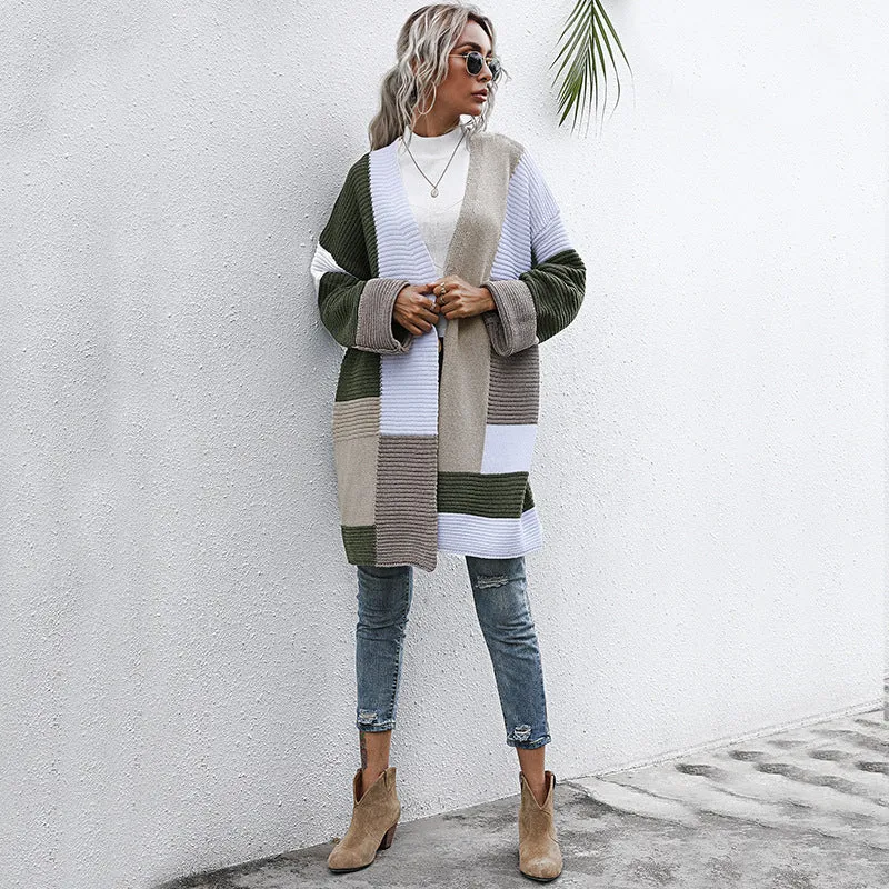 PEOPLETERRITORY New new autumn and winter fashion color matching knitted sweater medium and long  lazy style   trade cardigan jacket women