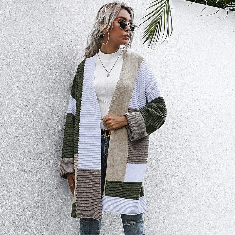 PEOPLETERRITORY New new autumn and winter fashion color matching knitted sweater medium and long  lazy style   trade cardigan jacket women