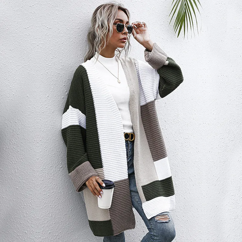 PEOPLETERRITORY New new autumn and winter fashion color matching knitted sweater medium and long  lazy style   trade cardigan jacket women