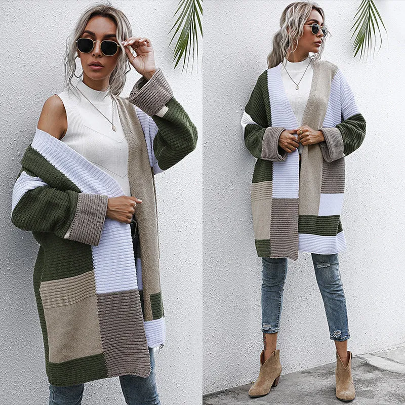 PEOPLETERRITORY New new autumn and winter fashion color matching knitted sweater medium and long  lazy style   trade cardigan jacket women