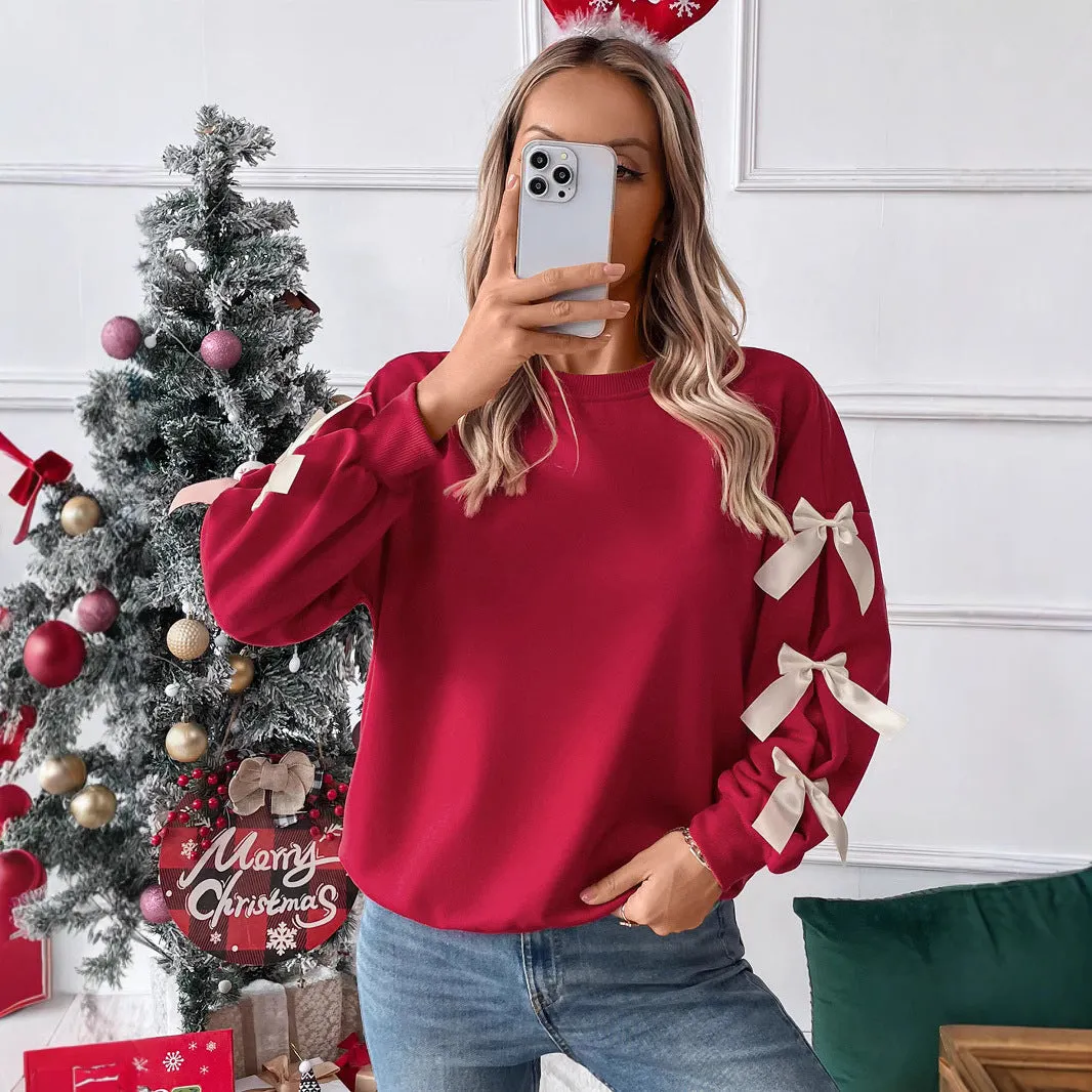 PEOPLETERRITORY New New autumn and winter new Valentine's Day  tops  round neck bows red Christmas sweater women