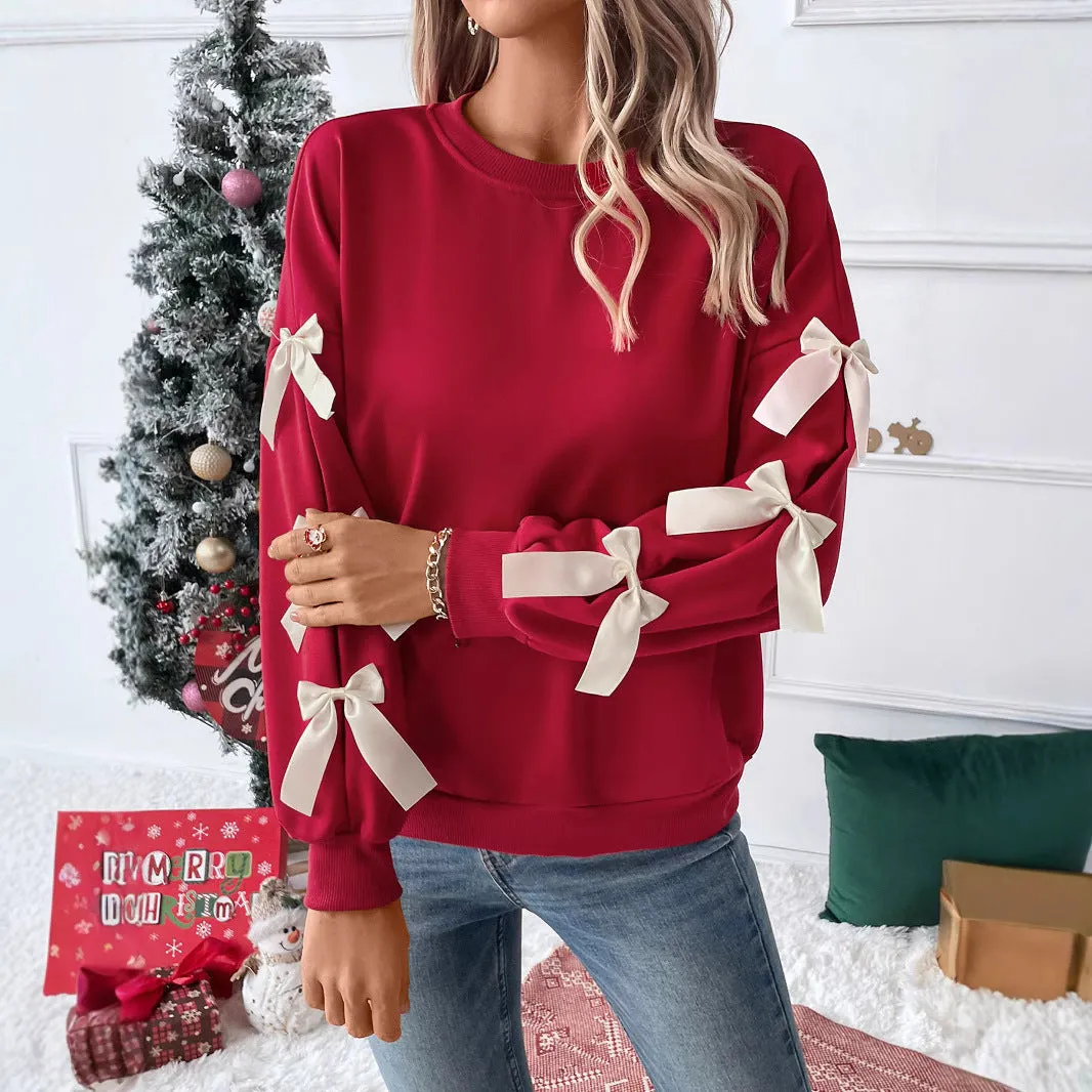 PEOPLETERRITORY New New autumn and winter new Valentine's Day  tops  round neck bows red Christmas sweater women