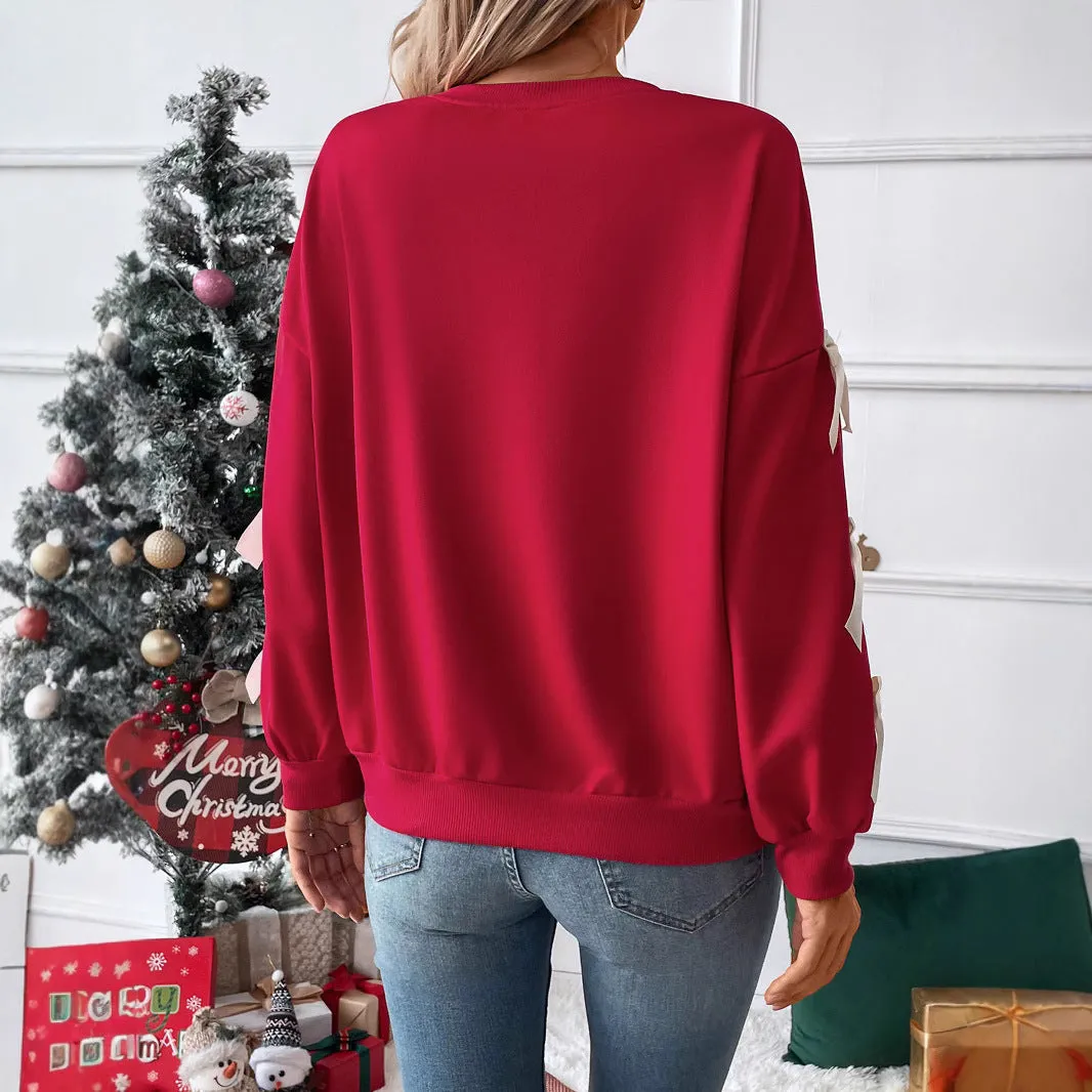 PEOPLETERRITORY New New autumn and winter new Valentine's Day  tops  round neck bows red Christmas sweater women