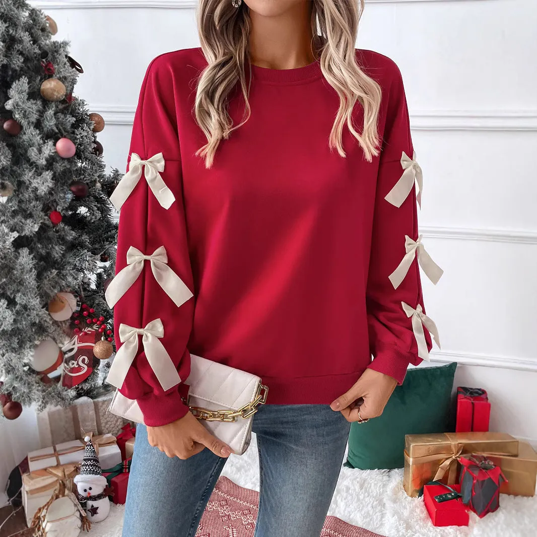 PEOPLETERRITORY New New autumn and winter new Valentine's Day  tops  round neck bows red Christmas sweater women