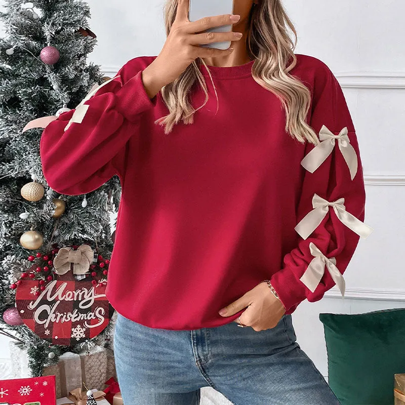 PEOPLETERRITORY New New autumn and winter new Valentine's Day  tops  round neck bows red Christmas sweater women