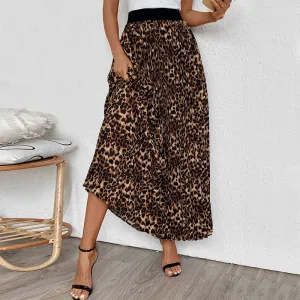 PEOPLETERRITORY   new solid color pleated skirt temperament commuter pleated New autumn and winter leopard print skirt