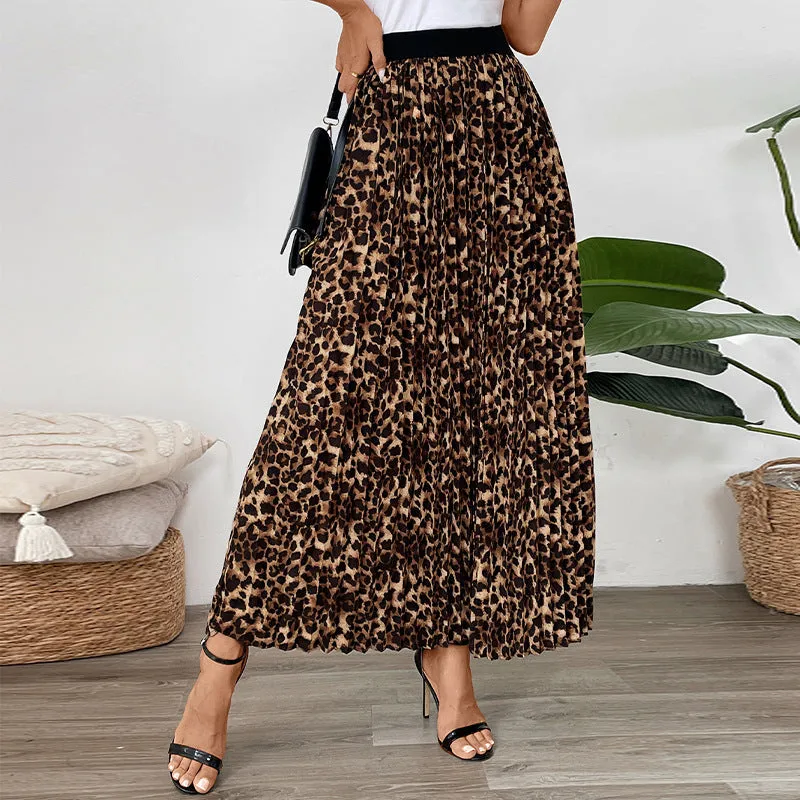 PEOPLETERRITORY   new solid color pleated skirt temperament commuter pleated New autumn and winter leopard print skirt