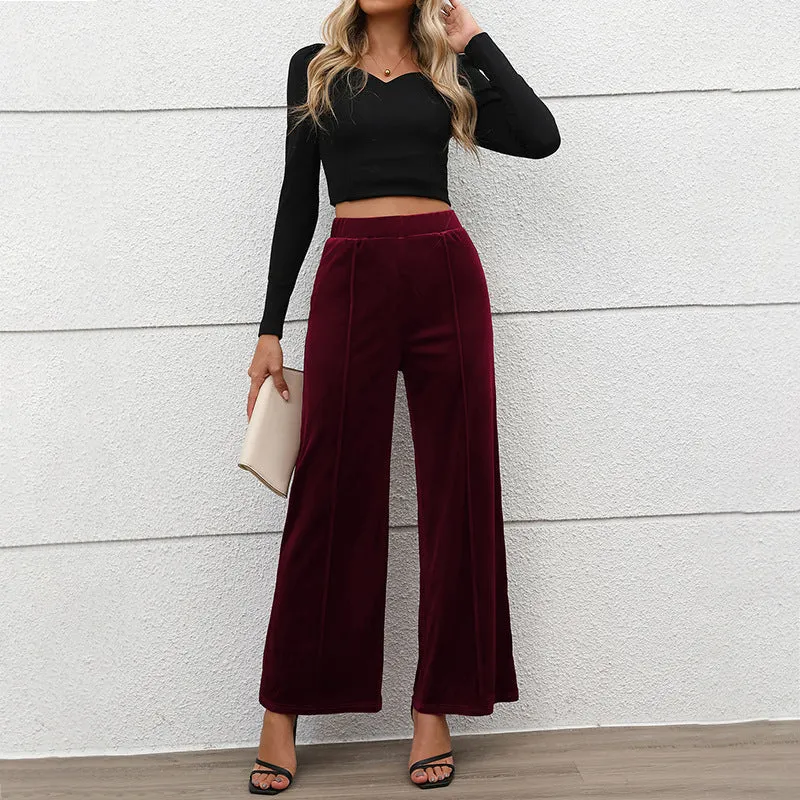 PEOPLETERRITORY New summer new    trade trousers Valentine's Day commuting style high waist temperament velvet wide-leg trousers women