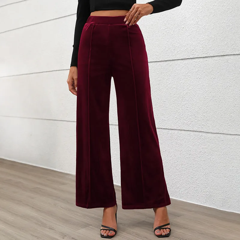 PEOPLETERRITORY New summer new    trade trousers Valentine's Day commuting style high waist temperament velvet wide-leg trousers women