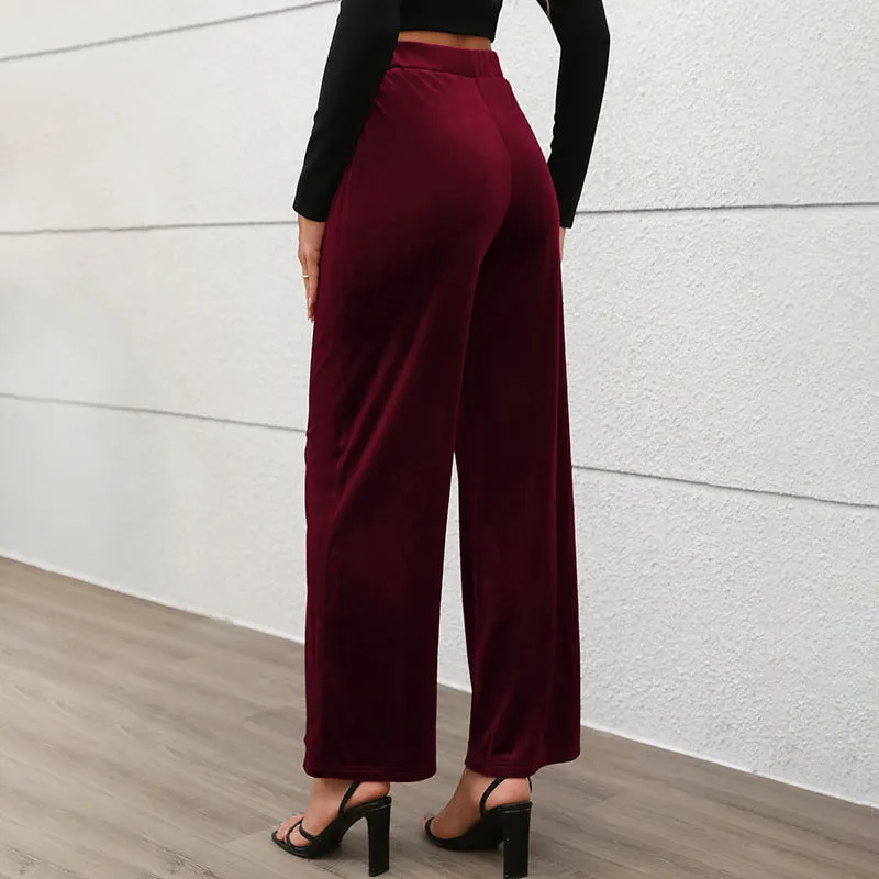 PEOPLETERRITORY New summer new    trade trousers Valentine's Day commuting style high waist temperament velvet wide-leg trousers women