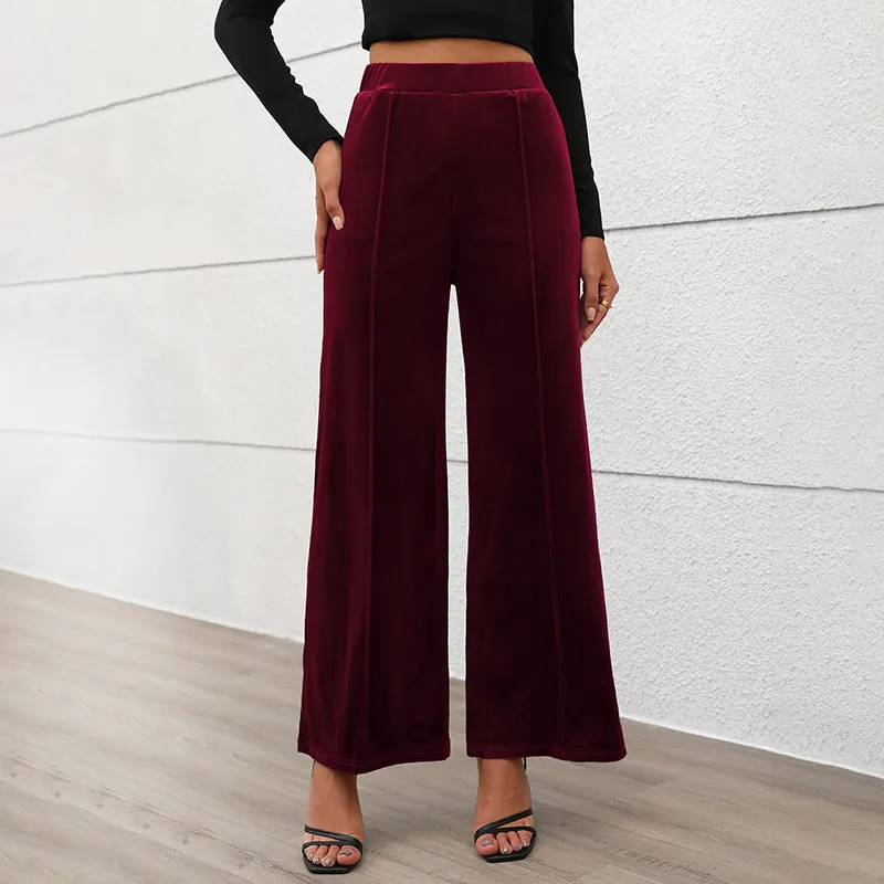 PEOPLETERRITORY New summer new    trade trousers Valentine's Day commuting style high waist temperament velvet wide-leg trousers women