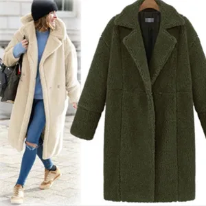 PEOPLETERRITORY New  winter women's clothing fleece solid color  trade medium and long woolen coat thickened coat