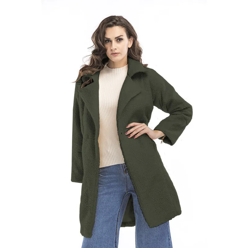 PEOPLETERRITORY New  winter women's clothing fleece solid color  trade medium and long woolen coat thickened coat