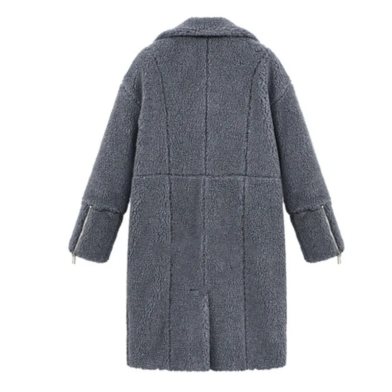 PEOPLETERRITORY New  winter women's clothing fleece solid color  trade medium and long woolen coat thickened coat